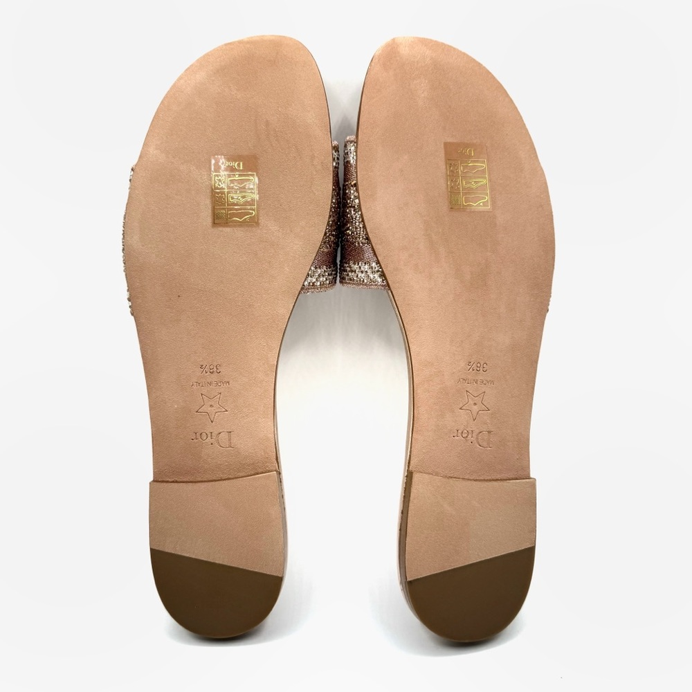 NEW Christian Dior Pink Beige Crystal Strass Dway Logo Canvas Flats Sandal Shoes - Picture 6 of 11